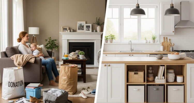 Split view of cluttered family home and clean organized space showing fast decluttering transformation with storage bins and donation bags