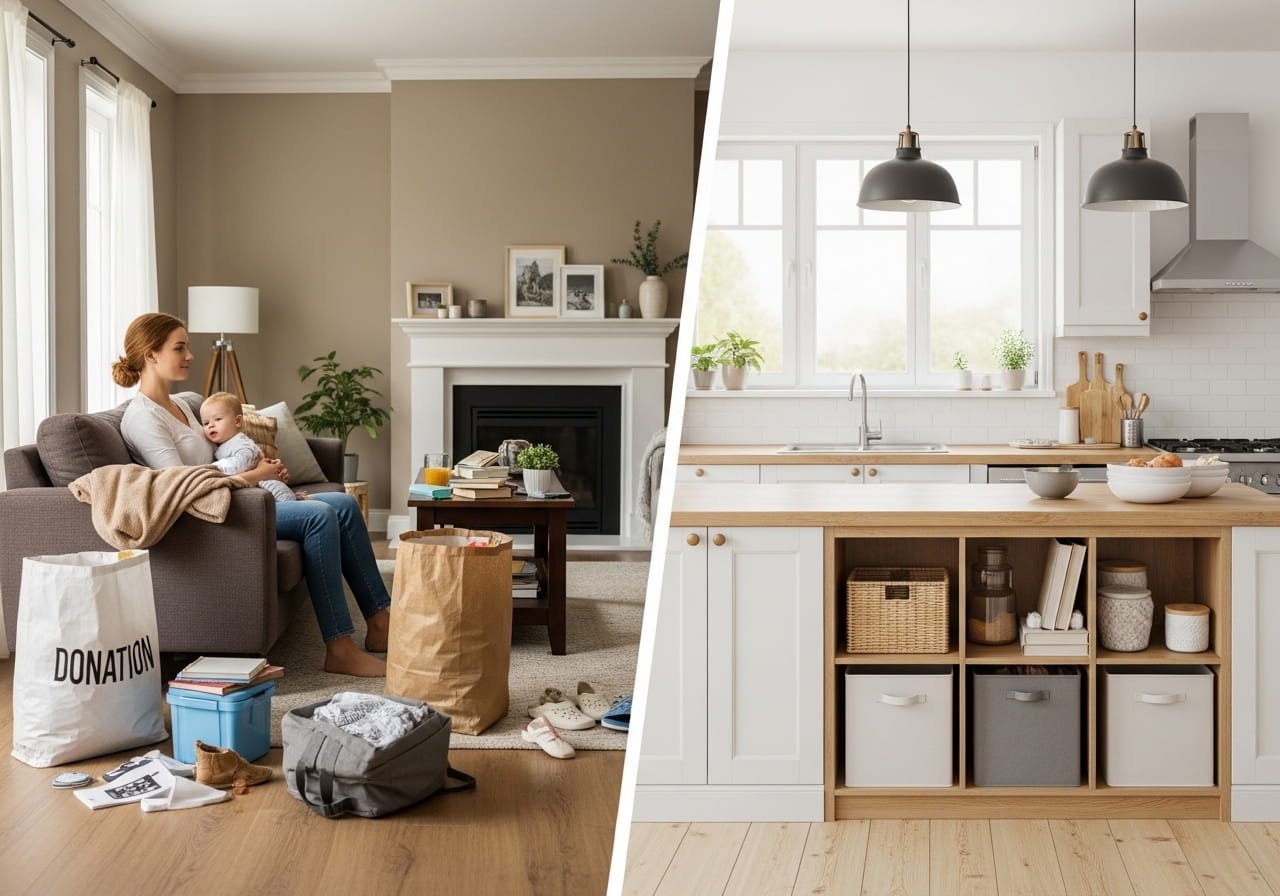 Split view of cluttered family home and clean organized space showing fast decluttering transformation with storage bins and donation bags