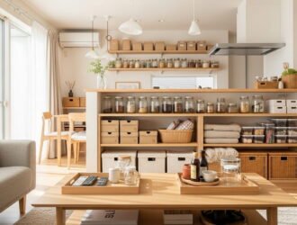 Family home organized using mason jars, baskets, shoeboxes, and reused containers instead of purchased storage bins.