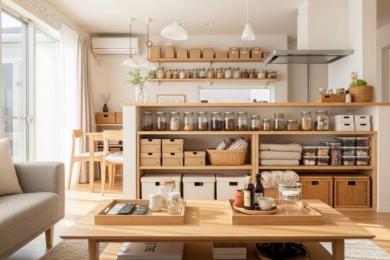 Family home organized using mason jars, baskets, shoeboxes, and reused containers instead of purchased storage bins.