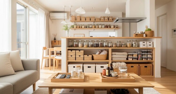 Family home organized using mason jars, baskets, shoeboxes, and reused containers instead of purchased storage bins.