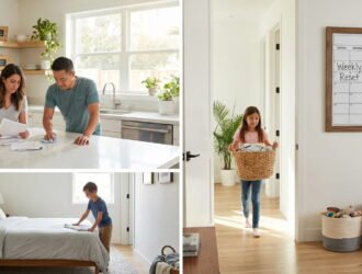 Family working together during a weekly home reset routine.
