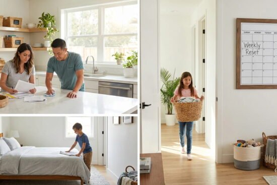 Family working together during a weekly home reset routine.