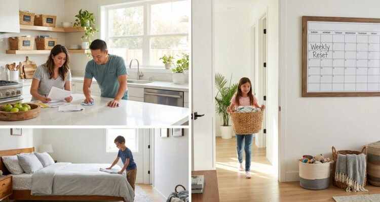 Family working together during a weekly home reset routine.