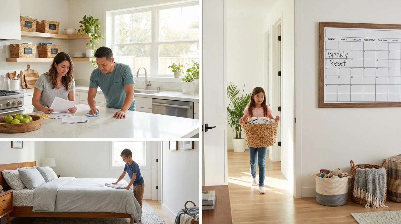 Family working together during a weekly home reset routine.