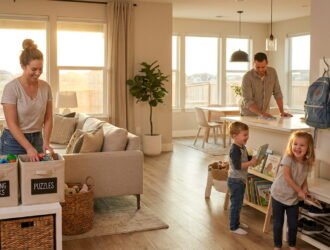 Family working together during a quick evening home organization routine.