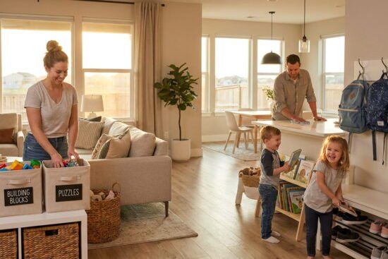 Family working together during a quick evening home organization routine.