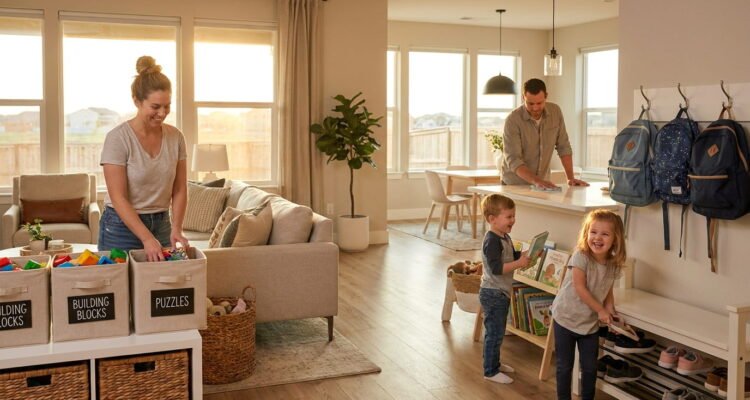 Family working together during a quick evening home organization routine.