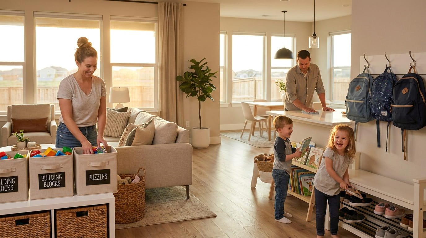 Family working together during a quick evening home organization routine.