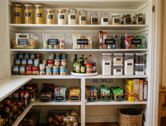 Budget-friendly organized pantry with clear bins, labeled shelves, stackable containers, and family-friendly food storage solutions.