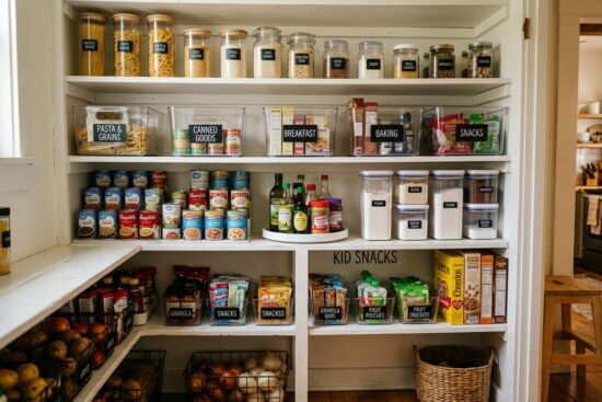 Budget-friendly organized pantry with clear bins, labeled shelves, stackable containers, and family-friendly food storage solutions.