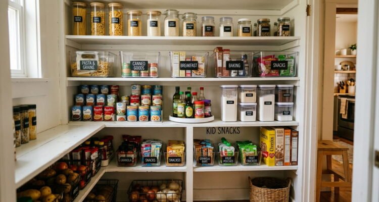 Budget-friendly organized pantry with clear bins, labeled shelves, stackable containers, and family-friendly food storage solutions.