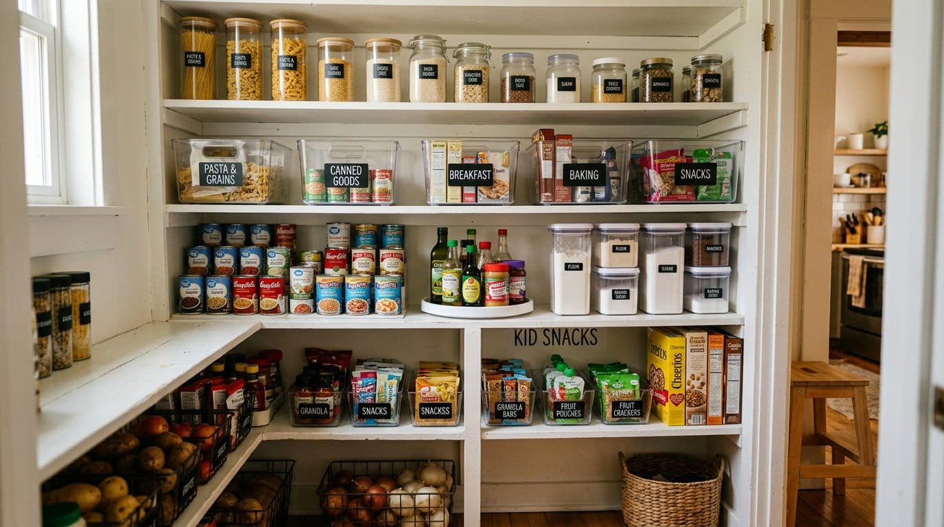 Budget-friendly organized pantry with clear bins, labeled shelves, stackable containers, and family-friendly food storage solutions.