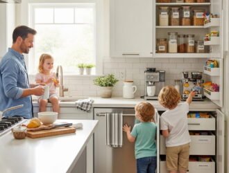 Organized family kitchen with clear counters and smart storage solutions.