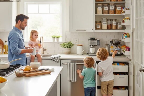 Organized family kitchen with clear counters and smart storage solutions.