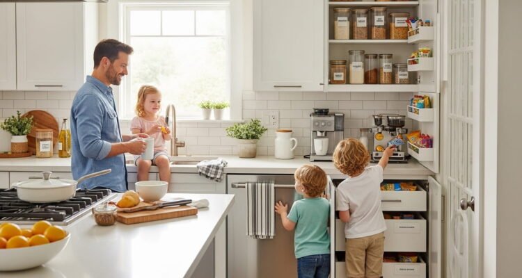 Organized family kitchen with clear counters and smart storage solutions.