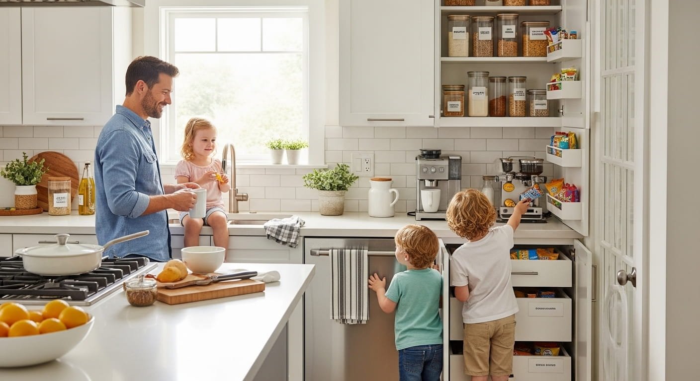Organized family kitchen with clear counters and smart storage solutions.