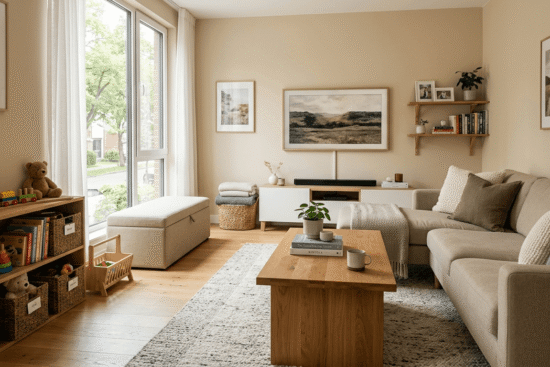 Organized family living room with toy storage baskets and cozy modern decor
