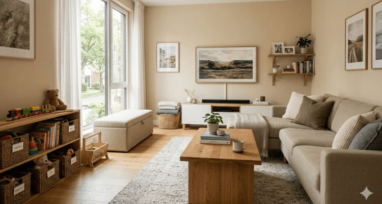 Organized family living room with toy storage baskets and cozy modern decor