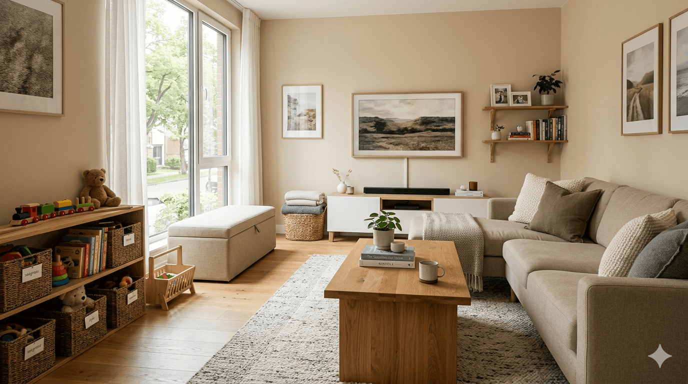 Organized family living room with toy storage baskets and cozy modern decor