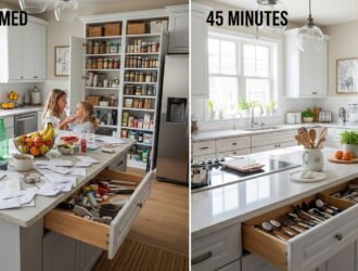 Declutter kitchen fast before and after transformation showing a cluttered family kitchen turned into a clean organized space in 45 minutes.