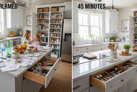 Declutter kitchen fast before and after transformation showing a cluttered family kitchen turned into a clean organized space in 45 minutes.