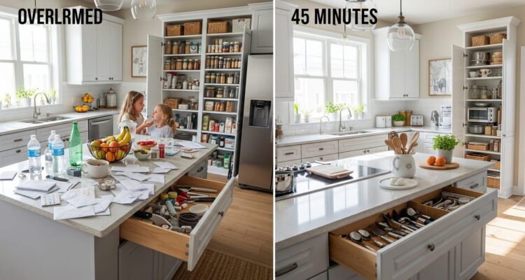 Declutter kitchen fast before and after transformation showing a cluttered family kitchen turned into a clean organized space in 45 minutes.