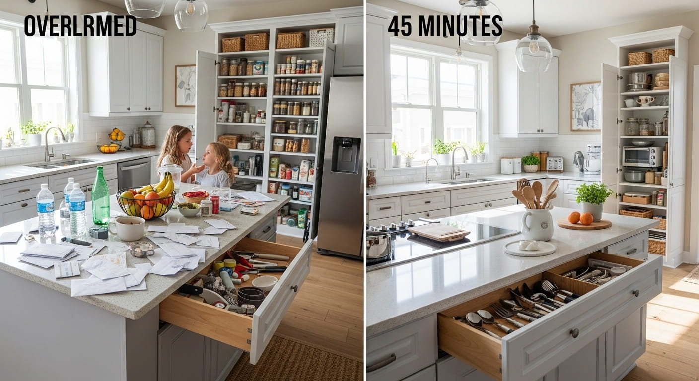 Declutter kitchen fast before and after transformation showing a cluttered family kitchen turned into a clean organized space in 45 minutes.