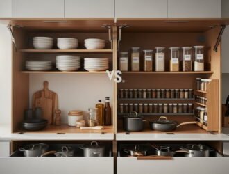A modern kitchen with fully organized cabinets showing neatly stacked dishes, labeled storage containers, and well-arranged cookware in a clean, minimalist interior.