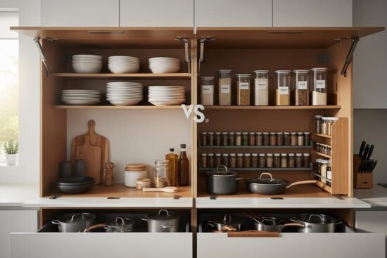 A modern kitchen with fully organized cabinets showing neatly stacked dishes, labeled storage containers, and well-arranged cookware in a clean, minimalist interior.