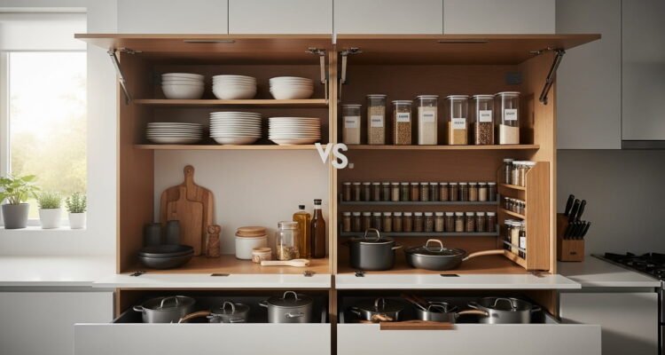 A modern kitchen with fully organized cabinets showing neatly stacked dishes, labeled storage containers, and well-arranged cookware in a clean, minimalist interior.