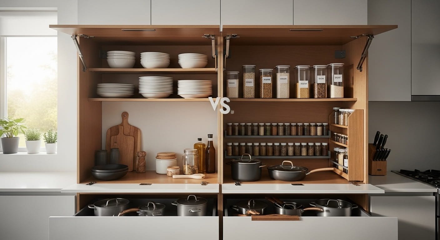 A modern kitchen with fully organized cabinets showing neatly stacked dishes, labeled storage containers, and well-arranged cookware in a clean, minimalist interior.