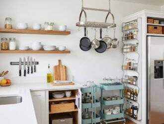 Small kitchen using wall shelves and open storage instead of extra cabinets.