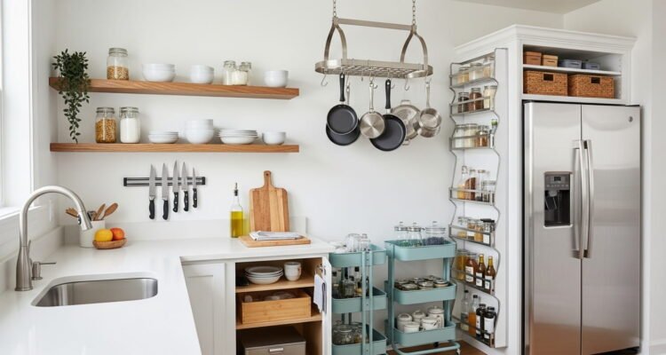 Small kitchen using wall shelves and open storage instead of extra cabinets.