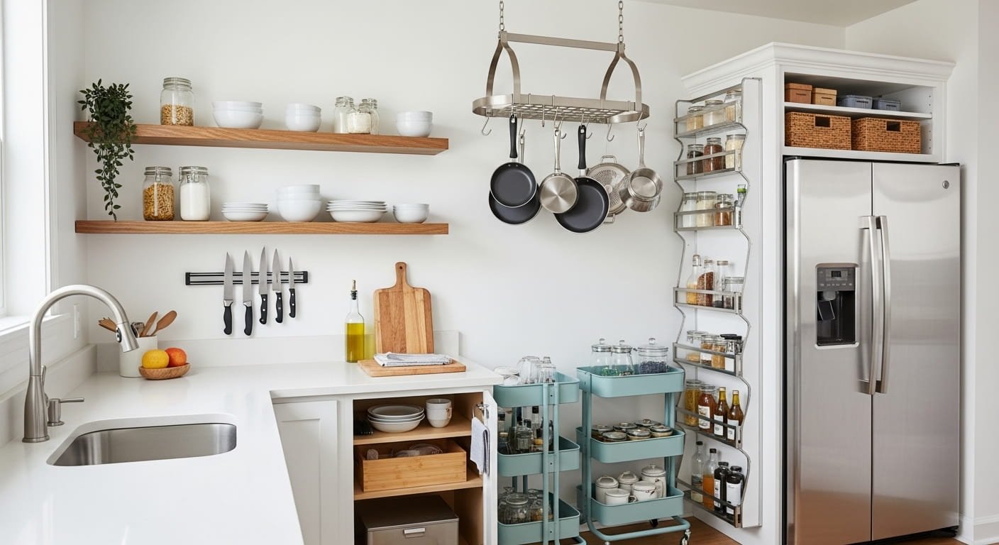 Small kitchen using wall shelves and open storage instead of extra cabinets.