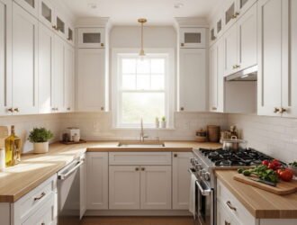 A bright, modern small L-shaped kitchen featuring floor-to-ceiling white cabinets, light oak wood countertops, and a clear, organized meal prep area.