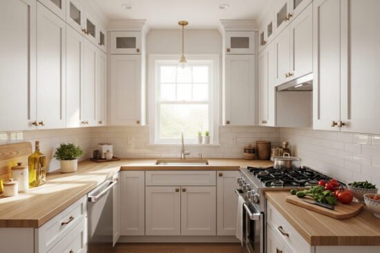 A bright, modern small L-shaped kitchen featuring floor-to-ceiling white cabinets, light oak wood countertops, and a clear, organized meal prep area.