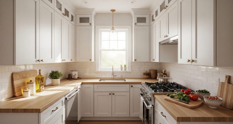 A bright, modern small L-shaped kitchen featuring floor-to-ceiling white cabinets, light oak wood countertops, and a clear, organized meal prep area.