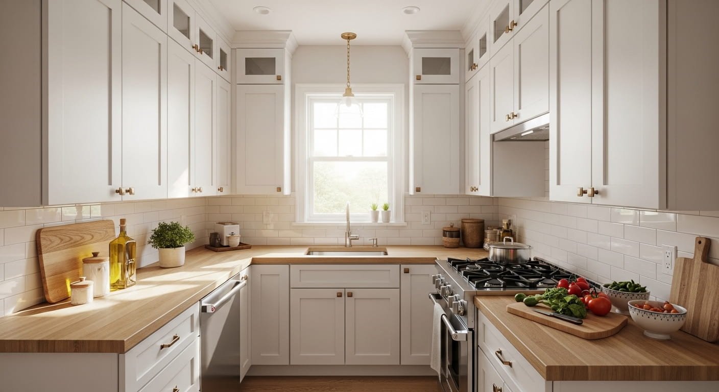 A bright, modern small L-shaped kitchen featuring floor-to-ceiling white cabinets, light oak wood countertops, and a clear, organized meal prep area.