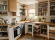 A modern small kitchen with perfectly organized cabinets, pull-out shelves, pantry bins, spice racks, and smart storage solutions maximizing space.