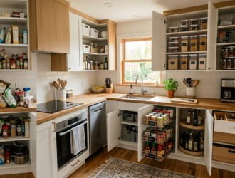 A modern small kitchen with perfectly organized cabinets, pull-out shelves, pantry bins, spice racks, and smart storage solutions maximizing space.
