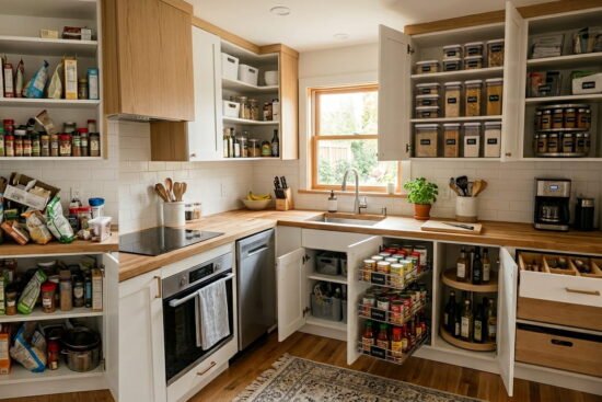 A modern small kitchen with perfectly organized cabinets, pull-out shelves, pantry bins, spice racks, and smart storage solutions maximizing space.