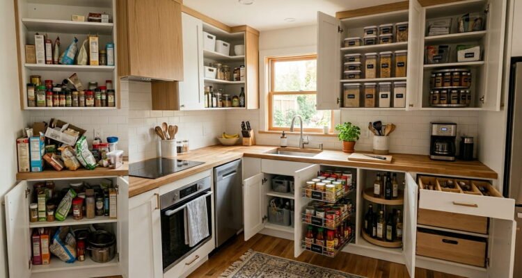 A modern small kitchen with perfectly organized cabinets, pull-out shelves, pantry bins, spice racks, and smart storage solutions maximizing space.