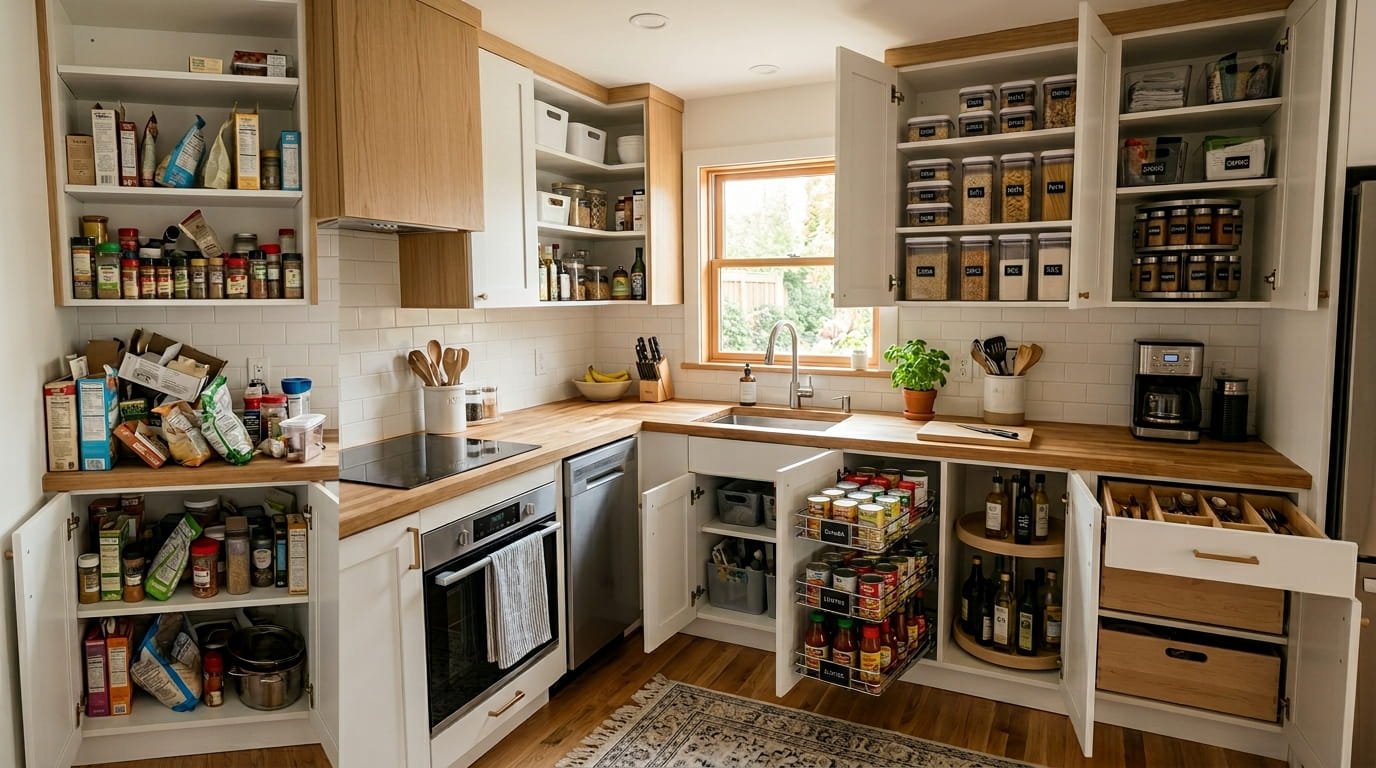 A modern small kitchen with perfectly organized cabinets, pull-out shelves, pantry bins, spice racks, and smart storage solutions maximizing space.