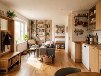 Small family home with smart storage solutions, vertical shelving, organized entryway, and space-saving furniture