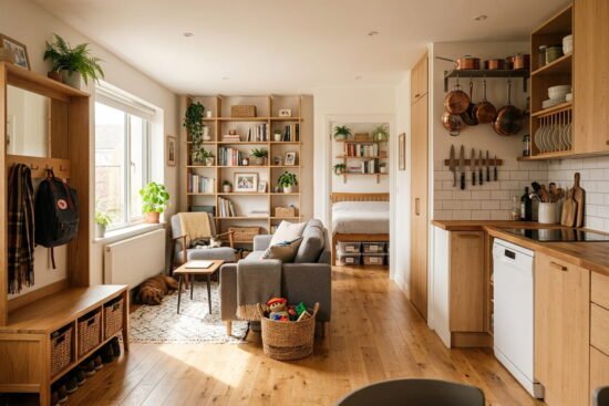 Small family home with smart storage solutions, vertical shelving, organized entryway, and space-saving furniture