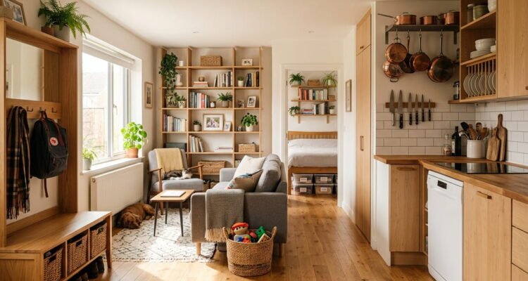 Small family home with smart storage solutions, vertical shelving, organized entryway, and space-saving furniture