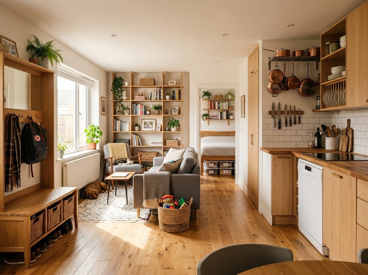Small family home with smart storage solutions, vertical shelving, organized entryway, and space-saving furniture