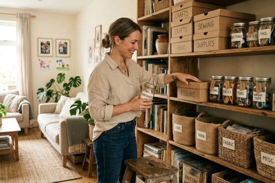 Woman organizing household shelves using mason jars, baskets, and shoeboxes in a cozy naturally lit home without store-bought organizers.