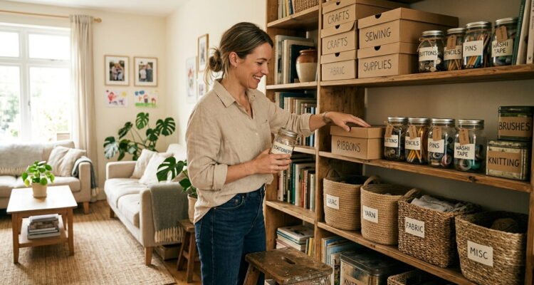 Woman organizing household shelves using mason jars, baskets, and shoeboxes in a cozy naturally lit home without store-bought organizers.